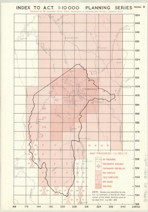 Index to A.C.T. 1:10 000 planning series [cartographic material] / produced by the Australian Survey Office, Department of Administrative Services, Canberra, A.C.T
