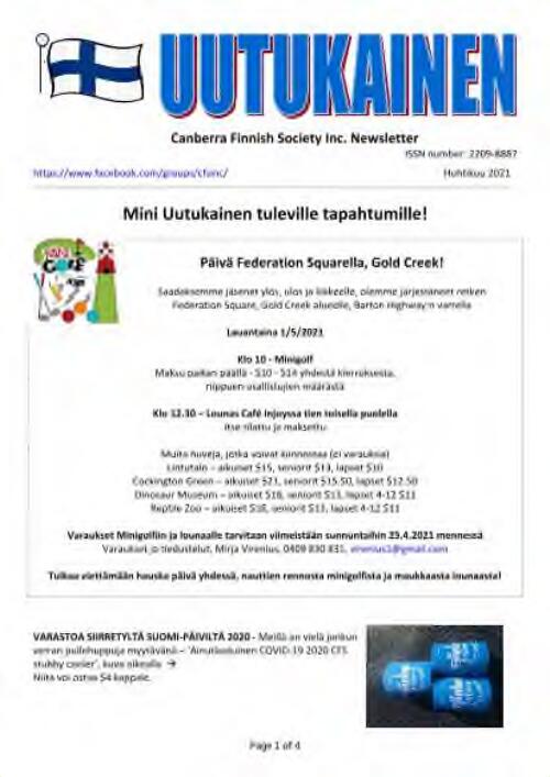 Uutukainen : Canberra Finnish Society Inc. newsletter