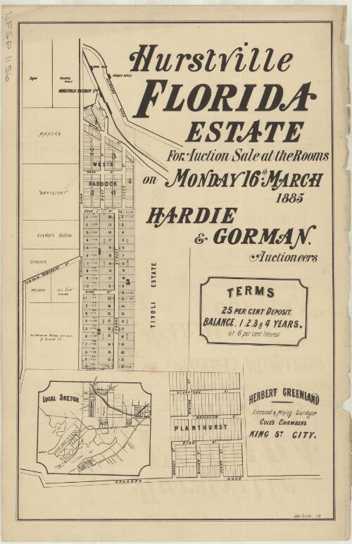 Hurstville Florida Estate [cartographic material] : for auction sale at the rooms on Monday 16th March 1885 / Hardie & Gorman, auctioneers