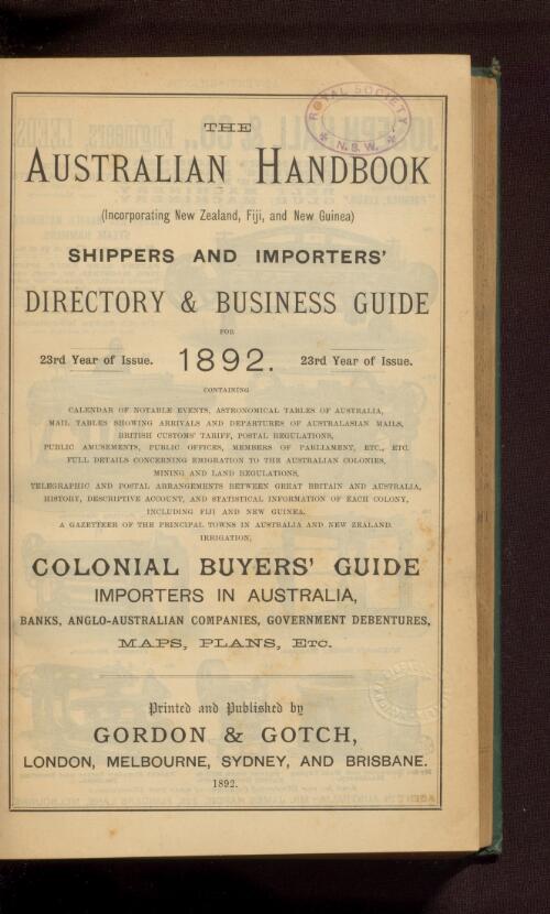 The Australian handbook (incorporating New Zealand, Fiji, and New Guinea) and shippers' and importers' directory