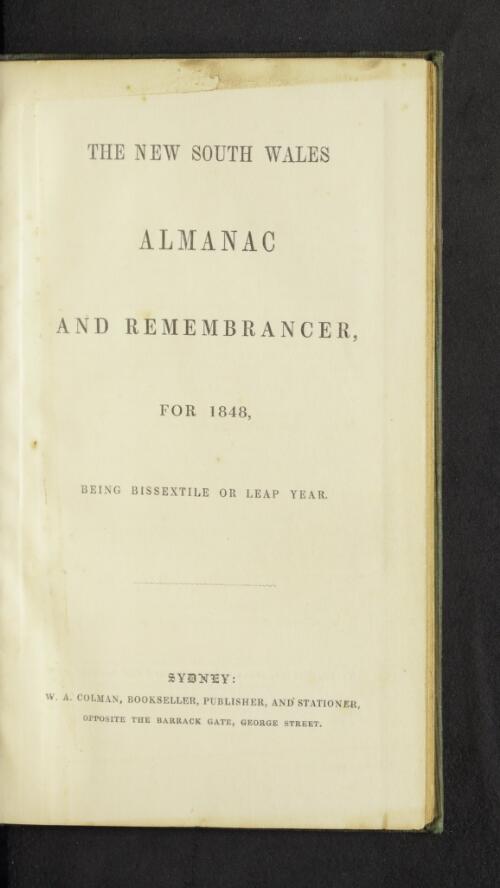 The New South Wales almanac and remembrancer for 1848, being bissextile or leap year