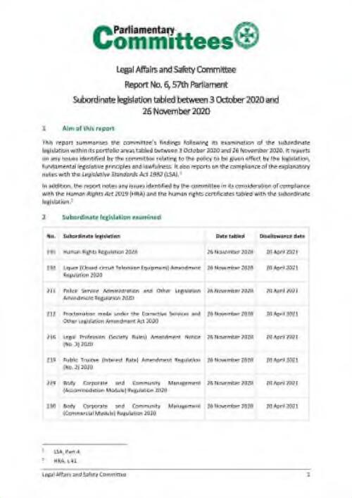 Subordinate legislation tabled between 3 October 2020 and 26 November 2020 : Report No. 6, 57th Parliament / Legal Affairs and Safety Committee