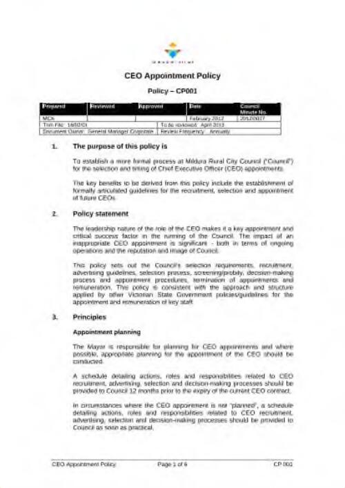CEO Appointment Policy - CP001 : 2012