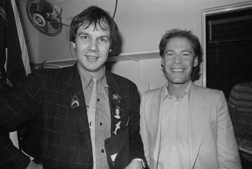 Brian Thomson and Jim Sharman after a performance of the play Big Toys, Parade Theatre, Kensington, New South Wales, 1977 / William Yang