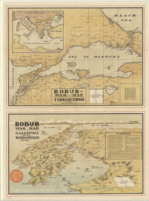 Robur tea war map, Turkish Empire ; Robur war map, Gallipoli and the Dardanelles : bird's eye view / issued for the Robur Tea Co. by Farrow Falcon Press ; lithographed by Cyril Dillon