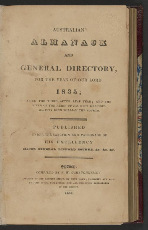 Australian almanack and general directory : for the year of Our Lord ... / compiled by E.W. O'Shaughnessey