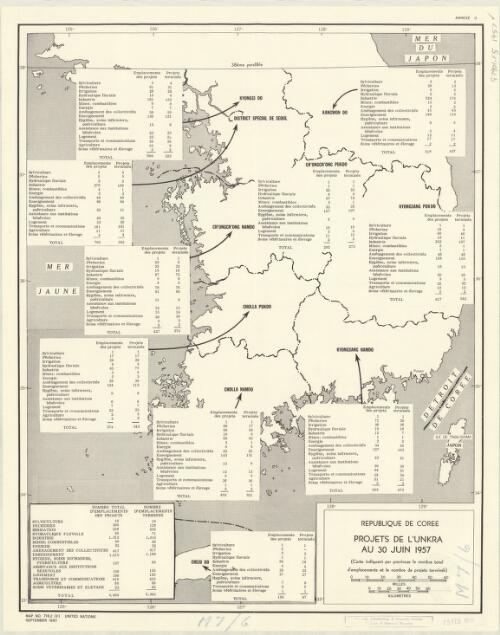 Projets de l'Unkra au 30 juin 1957 [cartographic material] : carte indiquant par provinces le nombre total d'emplacements et le nombre de projets termines