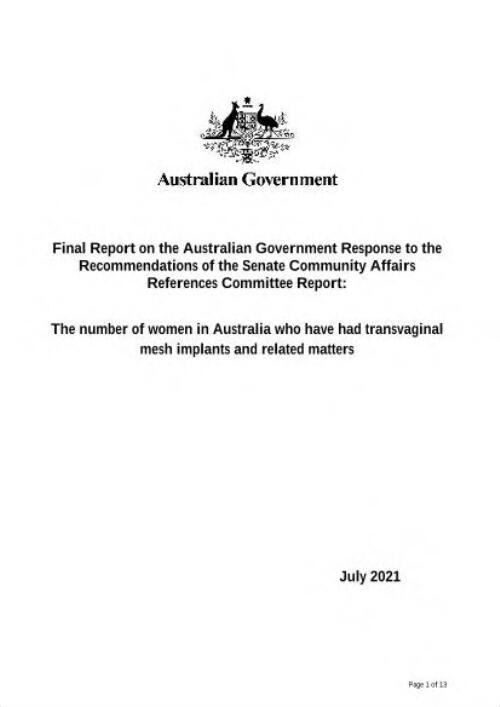 Final report on the Australian Government response to the recommendations of the Senate Community Affairs References Committee report : The number of women in Australia who have had transvaginal mesh implants and related matters / Australian Government