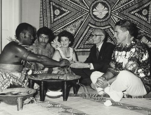 Eparama Ketedromo in national costume, Robin Mitchell, Mrs Ketedromo, Reverend Douglas Telfar and Fred Jordon having traditional kava at a meeting, Adelaide, South Australia, 14 October 1972
