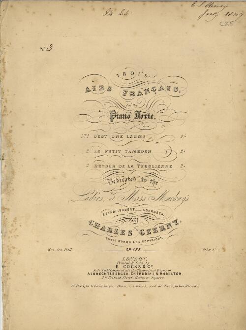 Trois airs Francais for the piano forte. No. 3. Retour de la Tyrolienne [music] / by Charles Czerny