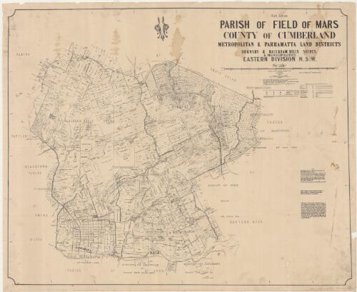 Parish of Field of Mars, County of Cumberland : Metropolitan & Parramatta Land Districts, Hornsby & Baulkham Hills Shires & Municipalities, Eastern Division N.S.W. / compiled, drawn and printed at the Department of Lands, Sydney, N.S.W. 1923