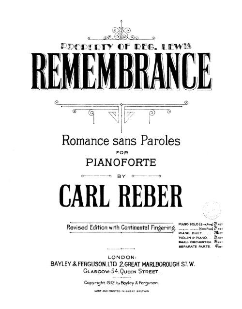 Remembrance, op. 73 [music] : romance sans paroles / Carl Reber