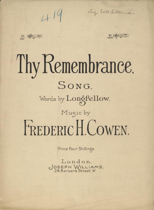 Thy remembrance [music] : song / words by Longfellow ; music by Frederic H. Cowen