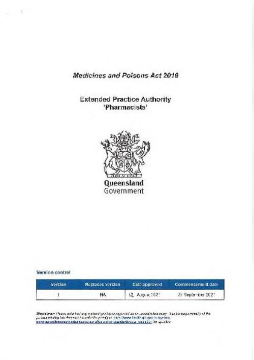 Extended Practice Authority 'Pharmacists' / Queensland Government