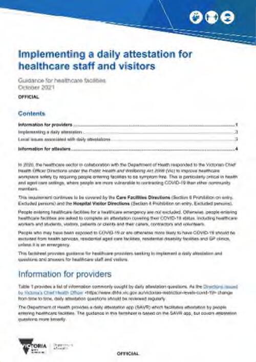 Implementing a daily attestation for healthcare staff and visitors : guidance for healthcare facilities