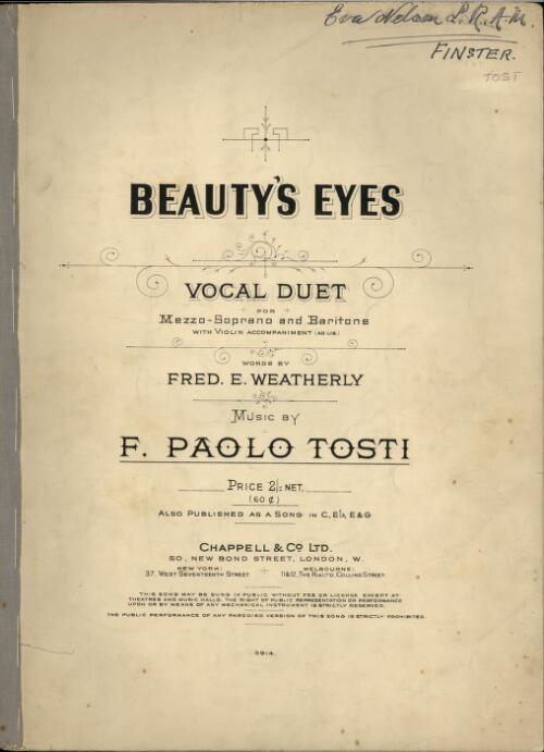Beauty's eyes [music] : vocal duet for mezzo-soprano and baritone with violin accompaniment / words by Fred. E. Weatherly ; music by F. Paolo Tosti