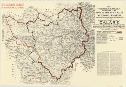 1931 Commonwealth of Australia : distribution of the State of New South Wales into electoral divisions ... Map of proposed electoral division of Calare [cartographic material] / Compiled ... Department of Lands, Sydney
