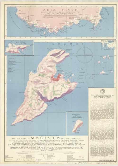 The Island of Megiste (Castellorizo) [cartographic material] / edited by the Central Castellorizian Association of Rhodes "Megisteus", generously subsidised by the benefactor and friend to Megiste Evangelos Argyropoulos (Silverton) of Perth, West Australia