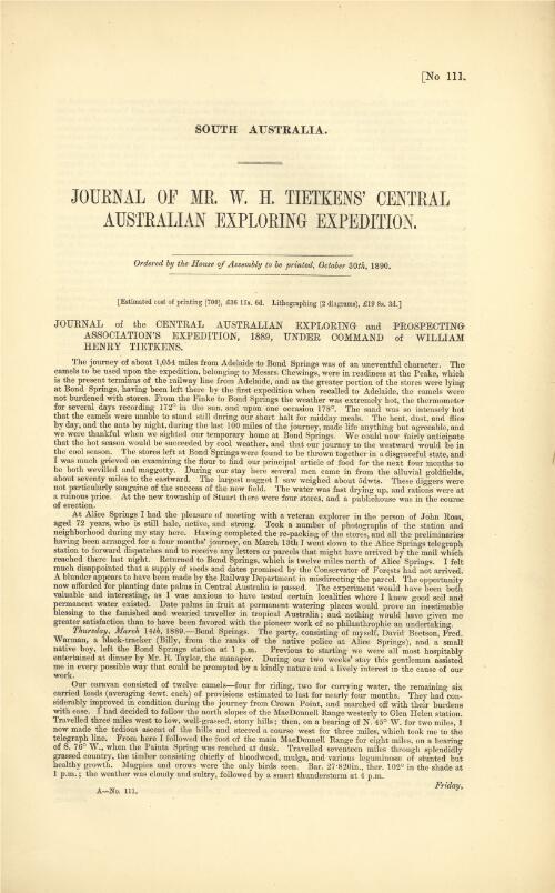Journal of Mr. W. H. Tietkens' Central Australian exploring expedition