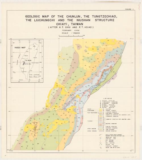 Geologic map of the Chunlun, the Tungtzechiao, the Liuchungchi and the Niushan structure, Chiayi, Taiwan [cartographic material] / after H.T. Chiu and P.T. Hsiao