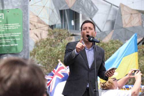 Victorian State Opposition Leader Matthew Guy addressing the crowd during the protest against the Russian invasion of Ukraine, Federation Square, Melbourne, Victoria, 27 February 2022 / Leigh Henningham