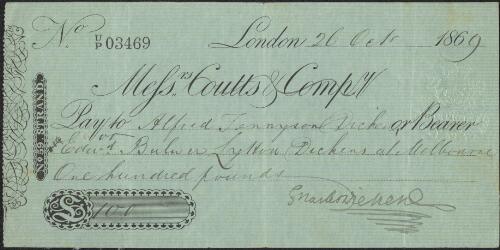 Cheque written by Charles Dickens, 1869 October 26 [manuscript]