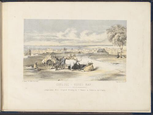 Geelong, Corio Bay, 1853 [picture] / lithographed from original drawing by E. Thomas & published by F. Varley; D. James