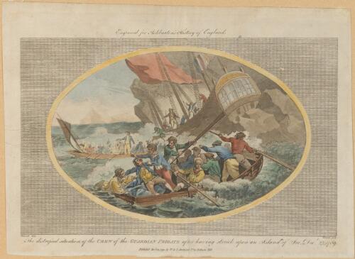 The distressed situation of the crew of the Guardian frigate after having struck upon an island of ice, Decr. 23, 1789 [picture] / Benezach delin.; A.W. Warren sculp