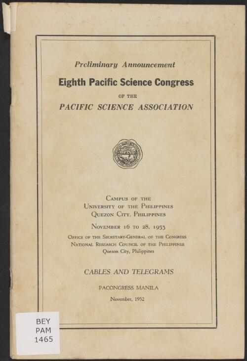 Preliminary announcement Eighth Pacific Science Congress of the Pacific Science Association ... November 16 to 28, 1953
