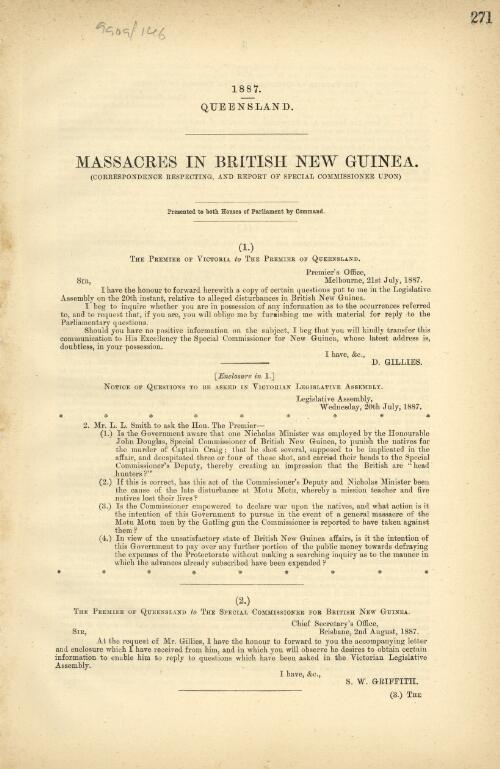 Massacres in British New Guinea : (correspondence respecting, and report of special commissioner upon)