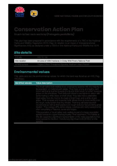 Brush-tailed rock-wallaby (Petrogale penicillata) conservation action plan [Oxley Wild Rivers National Park, AIS-E0-155] / NSW National Parks and Wildlife Service