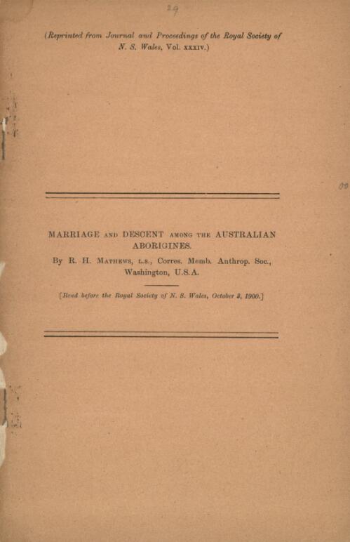 Marriage and descent among the Australian aborigines / by R. H. Mathews
