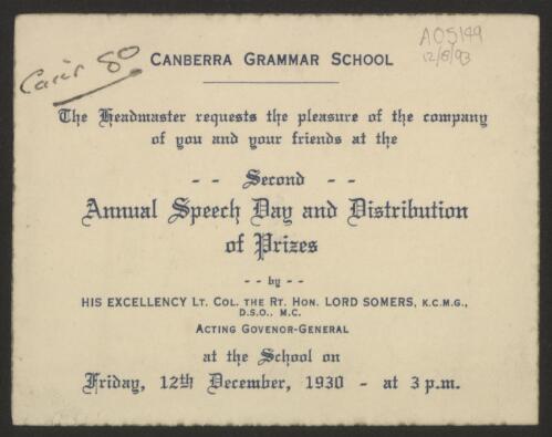 [Canberra Grammar School : programs and invitations ephemera material collected by the National Library of Australia]