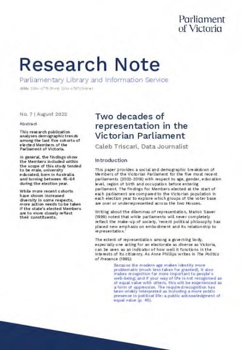 Two decades of representation in the Victorian Parliament