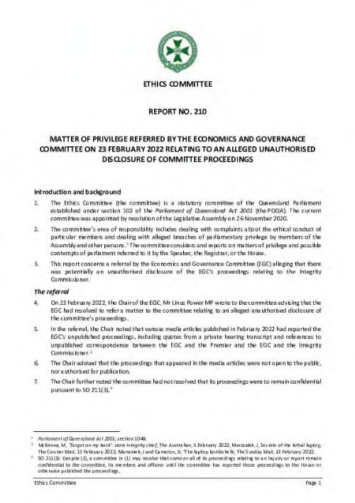 Report No. 210 : matter of privilege referred by the Economics and Governance Committee on 23 February 2022 relating to an alleged unauthorised disclosure of committee proceedings / Ethics Committee