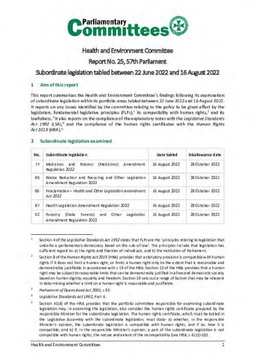 Health and Environment Committee : Report No. 25, 57th Parliament : subordinate legislation tabled between 22 June 2022 and 16 August 2022 / Health and Environment Committee