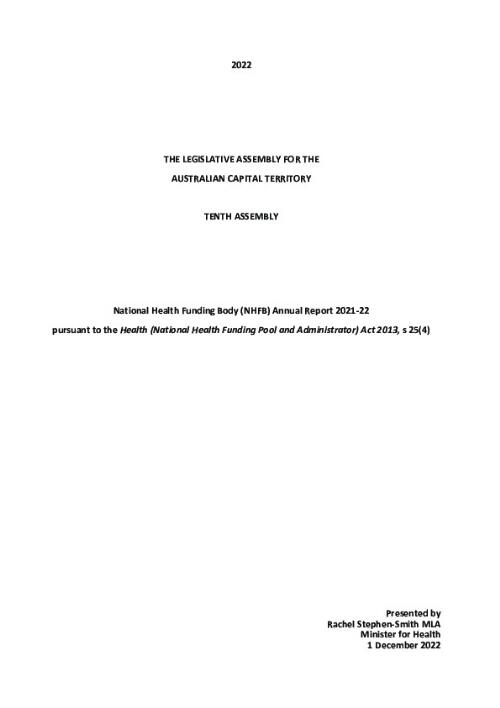 National Health Funding Body (NHFB) Annual Report 2021-22 pursuant to the Health (National Health Funding Pool and Administrator) Act 2013, s 25(4)