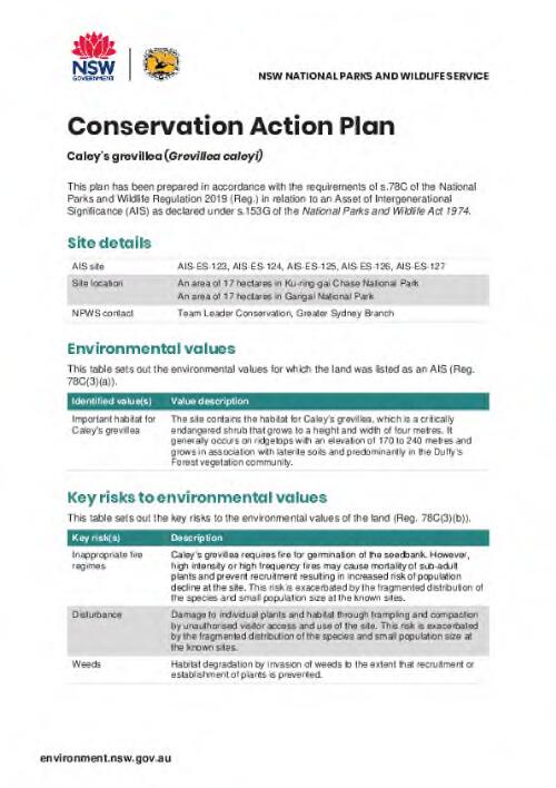 Caley's grevillea (Grevillea caleyi) : conservation action plan / NSW National Parks and Wildlife Service