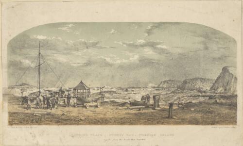 Landing place, Sydney Bay, Norfolk Island, a gale from the south west, June 1855 [picture] / J. Glen Wilson, H.M.S. Herald