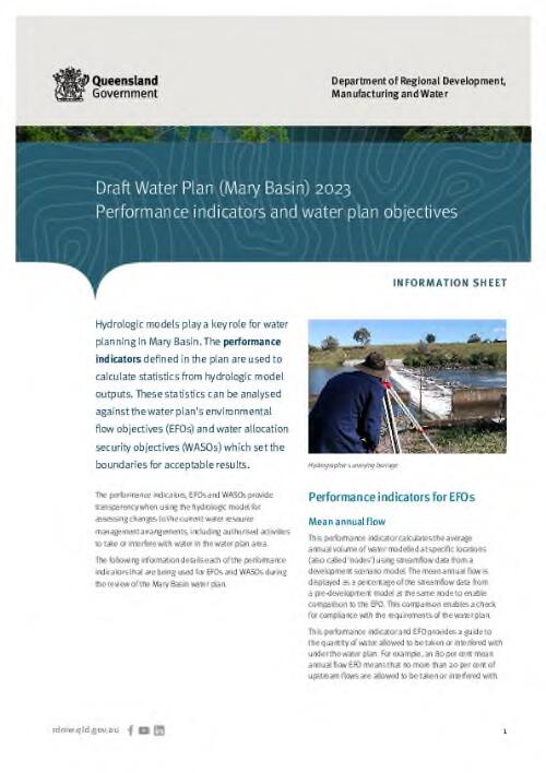 Draft water plan (Mary Basin) 2023 : performance indicators and water plan objectives : information sheet / Department of Regional Development, Manufacturing and Water