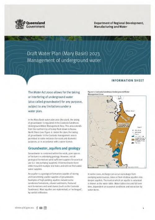 Draft water plan (Mary Basin) 2023 : management of underground water : information sheet / Department of Regional Development, Manufacturing and Water
