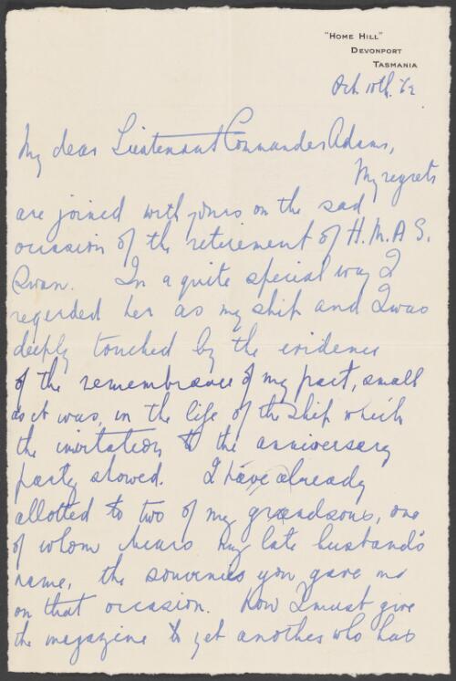 Letter from Dame Enid Lyons to Harold Adams, 1962 October 10