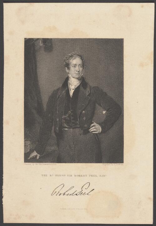 The Rt. Honble. Sir Robert Peel Bart. [picture] / painted by Sir Thos. Lawrence; engraved by J. Cochran
