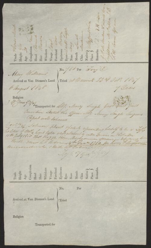 Convict record of  Mary Williams, 1848-1852 [manuscript]