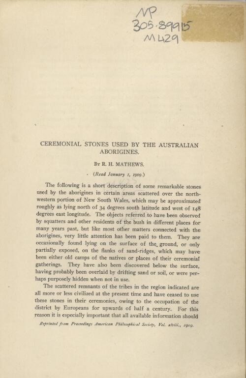 Ceremonial stones used by the Australian Aborigines / by R.H. Mathews