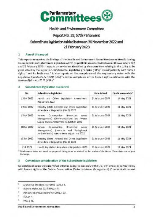 Subordinate legislation tabled between 30 November 2022 and 21 February 2023 / Health and Environment Committee