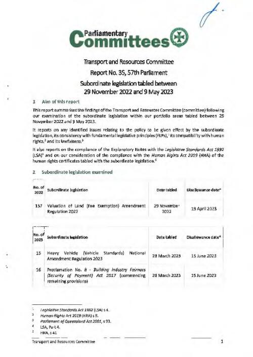 Report No. 35, 57th Parliament : Subordinate legislation tabled between 29 November 2022 and 9 May 2023 / Transport and Resources Committee