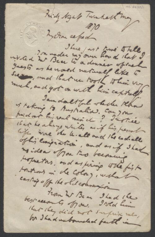Letter to son Alfred, 1870 [manuscript]