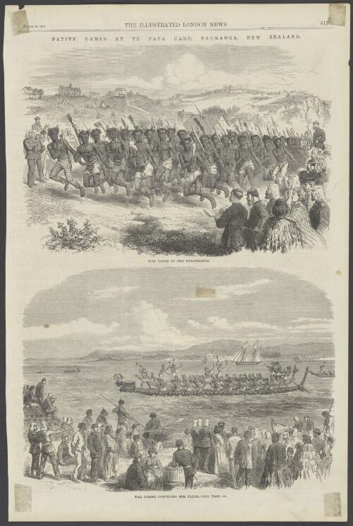 War dance of the Ngaiterangi ; War canoes competing for prizes [picture] / [Horatio Gordon Robley]