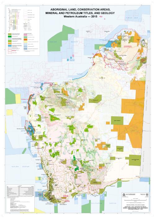 Aboriginal land, conservation areas, mineral and petroleum titles, and geology : Western Australia - 2015 / compiled by K.J. Ridge ; cartography by I Lesiak ; edited by B. Striewski